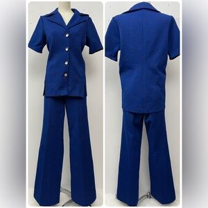 Vintage 70s retro 2 pc matching pant suit set moody blue size 12
